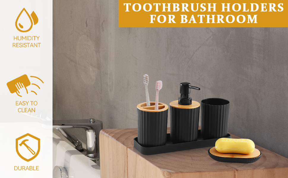 Чорний набір аксесуарів для ванної кімнати (5 шт.): мильниця, стакан, дозатор мила, тримач для зубних щіток, пластик