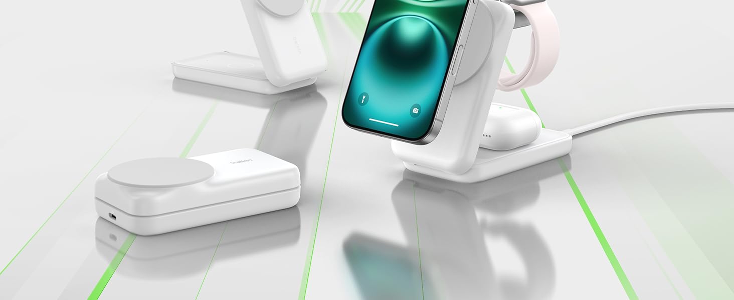 Зарядна станція Belkin UltraCharge 3 в 1 з Qi2.2, 25W, сумісна з MagSafe, для iPhone, Apple Watch, AirPods, Pixel, з адаптером 45W