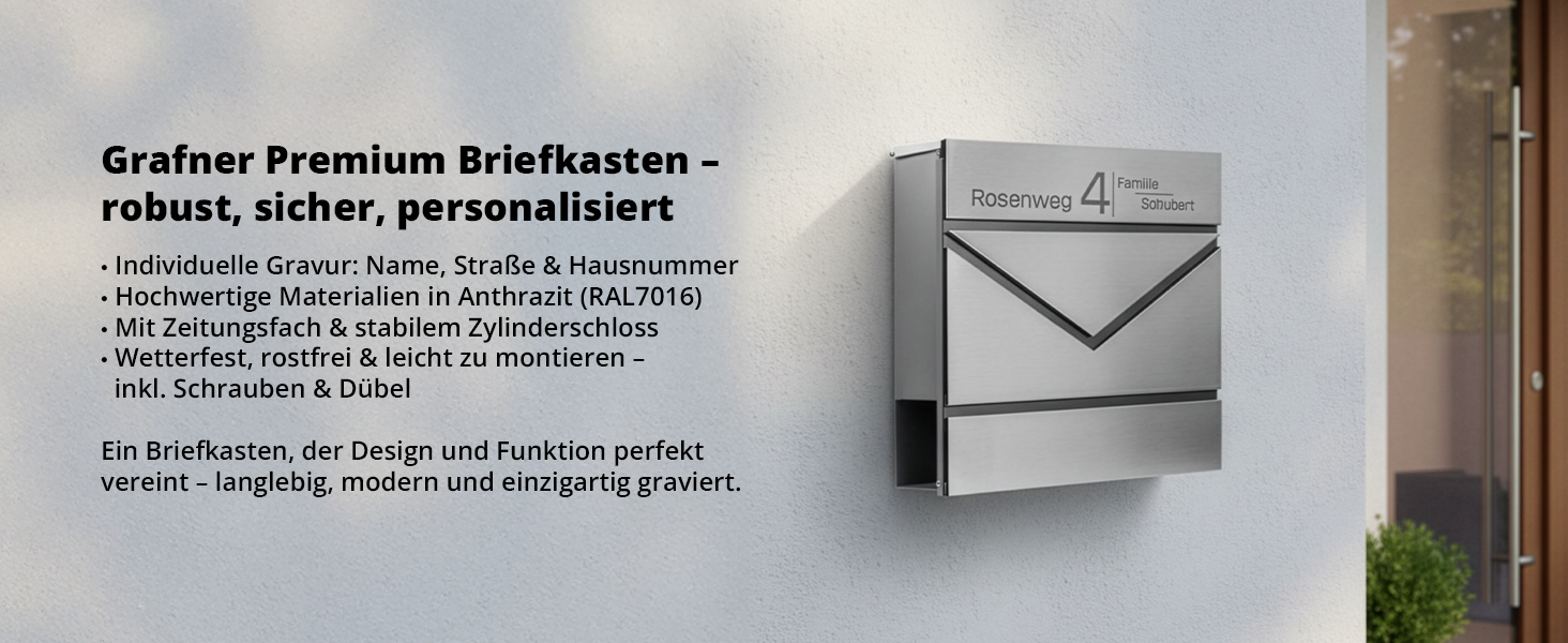 Поштовий ящик Grafner Premium, нержавіюча сталь, з газетницею та 2 ключами, гравіювання імені/вулиці/номера будинку, колір антрацит RAL7016