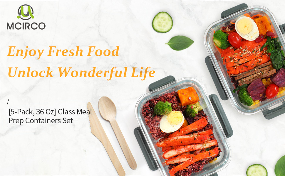 Набір контейнерів для їжі MCIRCO Glas 1040мл, 5 шт. | Скляні контейнери з кришкою, силіконовий ущільнювач, чорний | Meal Prep