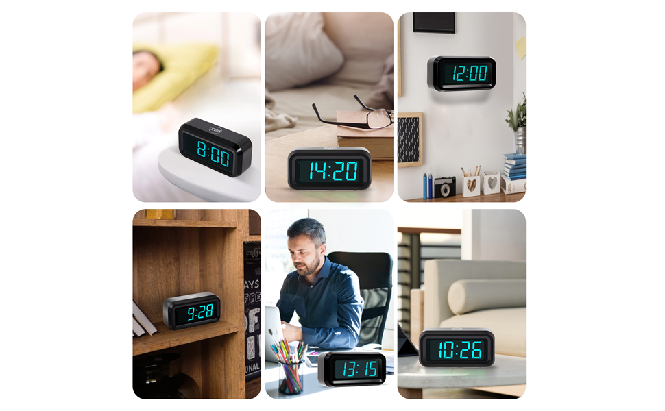 Цифровий будильник Timegyro з LED-дисплеєм, портативний для подорожей, настільний, 3 рівні яскравості, великий LED-дисплей 1.2' для спальні, вітальні, чорно-білий (чорно-синій)