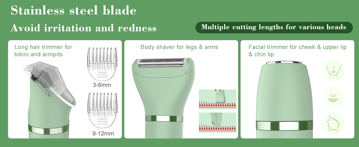 Електричний жіночий триммер для тіла 3-в-1: обличчя, ноги, зона бікіні. Вологостійкий, з LCD-дисплеєм (зелений)