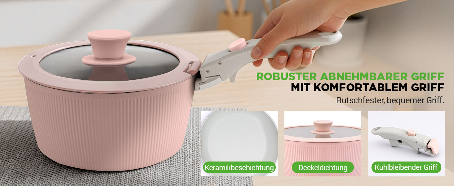 Набір посуду NutriChef 18 предметів керамічний рожевий з знімними ручками, для індукційних плит, антипригарний, компактний, для духовки, універсальний