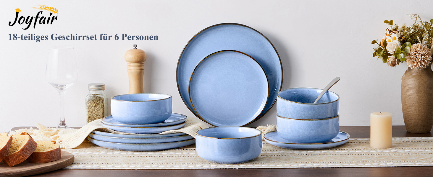 Набір посуду Joyfair на 6 осіб, 18 предметів: тарілки для їжі, десертні тарілки, миски для каші, з реактивною глазур'ю, для мікрохвильової печі та посудомийної машини (Ozean Blau)