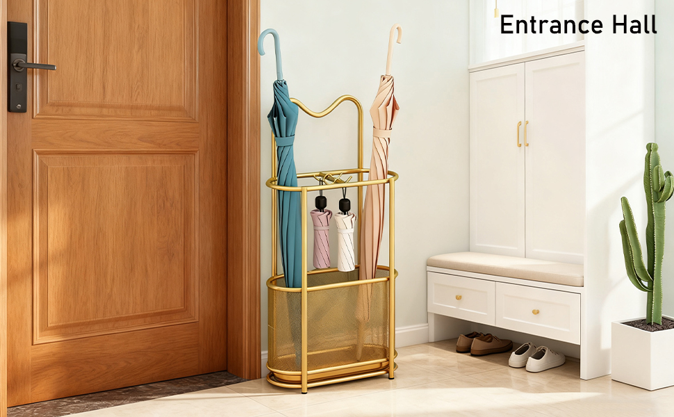 Металева підставка для парасоль та тростинок SINBINTA, з гачками та піддоном, для прихожого/входу (Золота)