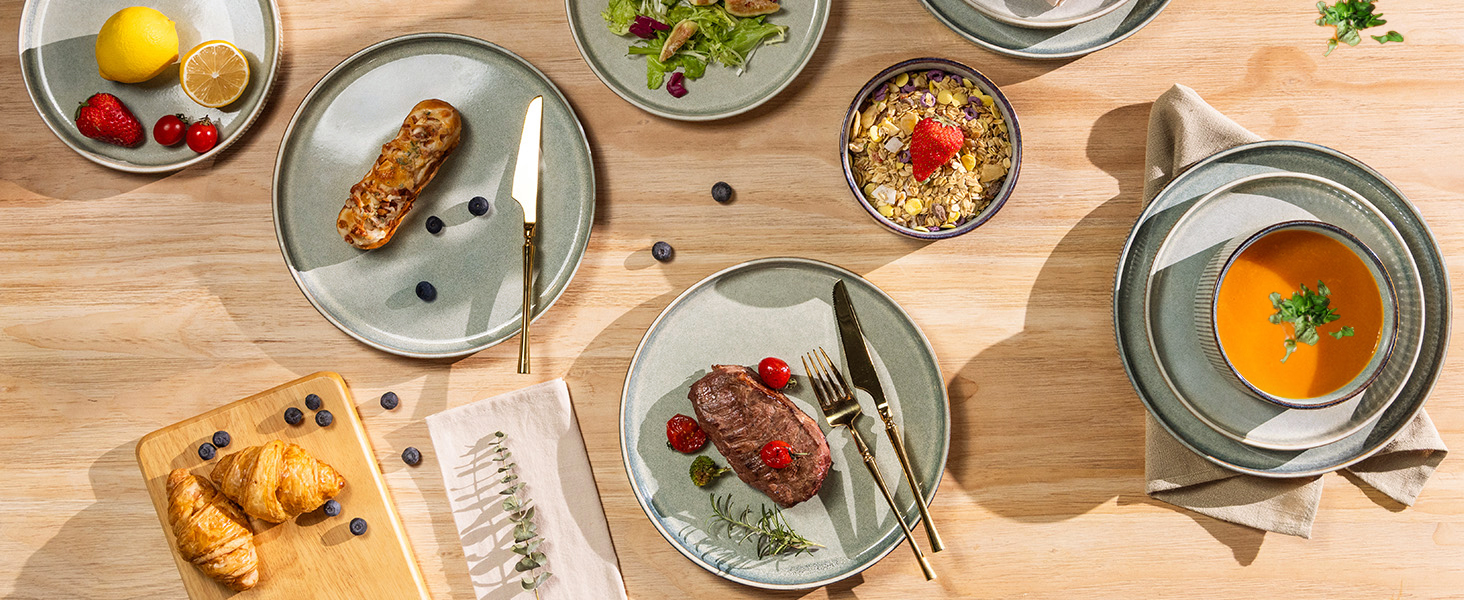 Набір посуду GBhome з реактивної глазурі для 6 осіб (18 предметів), ручна робота, керамічний посуд, безпечний для мікрохвильової печі та посудомийної машини, набір тарілок та мисок, колір Immergrün (Desret Salbei)