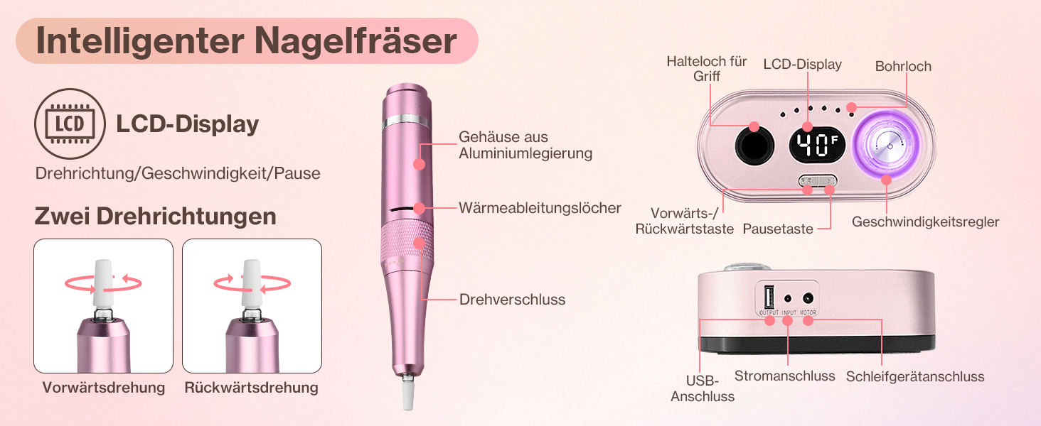 Електрична шліфувальна машинка для нігтів, професійна, 40000 об/хв, LCD, манікюр/педикюр, набір з багатофункціональною базою, рожевий