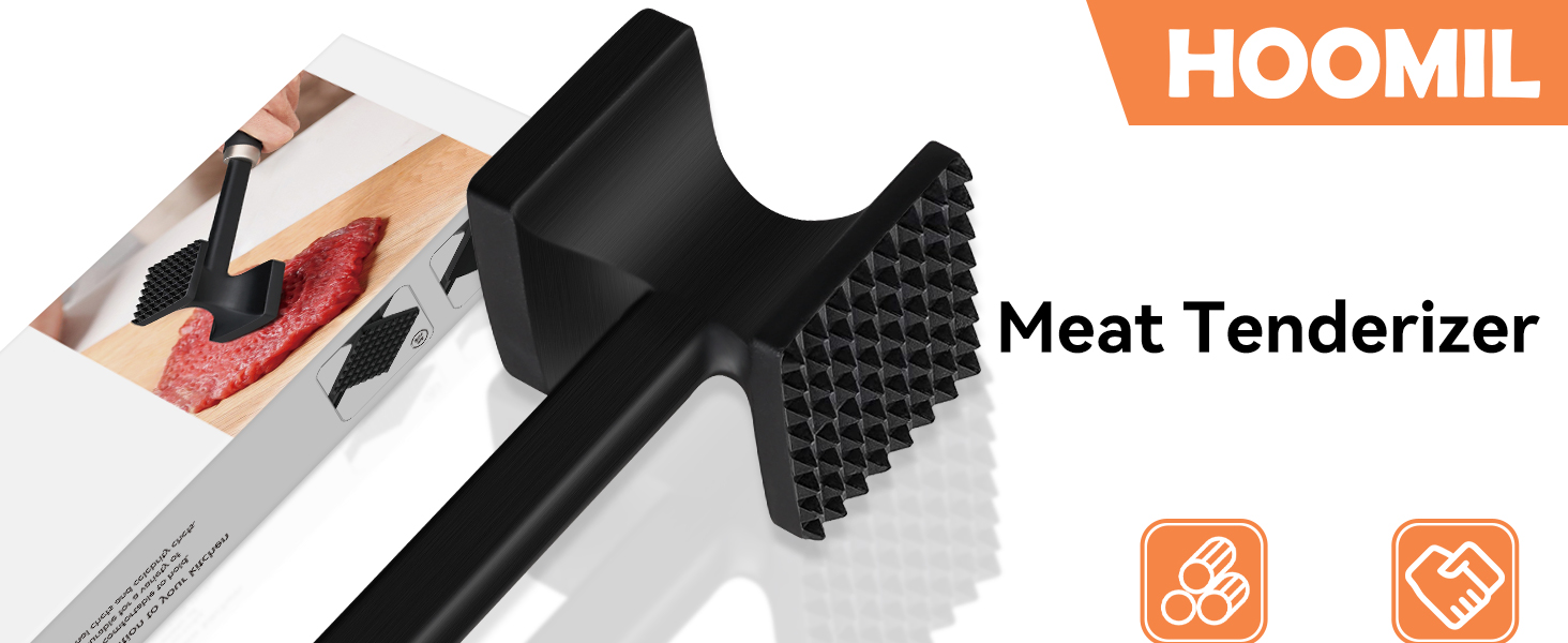 HOOMIL Fleischklopfer: подвійний молоток для відбивання м'яса з антипригарним покриттям, для шніцелів, стейків, сріблястий (квадратний, матовий чорний)