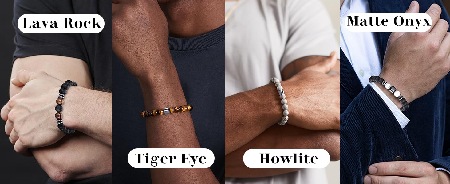 Чоловічі браслети з натурального каміння: лава, тигрове око. Набір 2-4 шт. Б MMYE