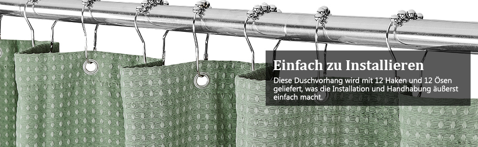 Штора для душу текстильна водонепроникна з поліестеру, 180x200 см, зелена, з кільцями (1 шт)