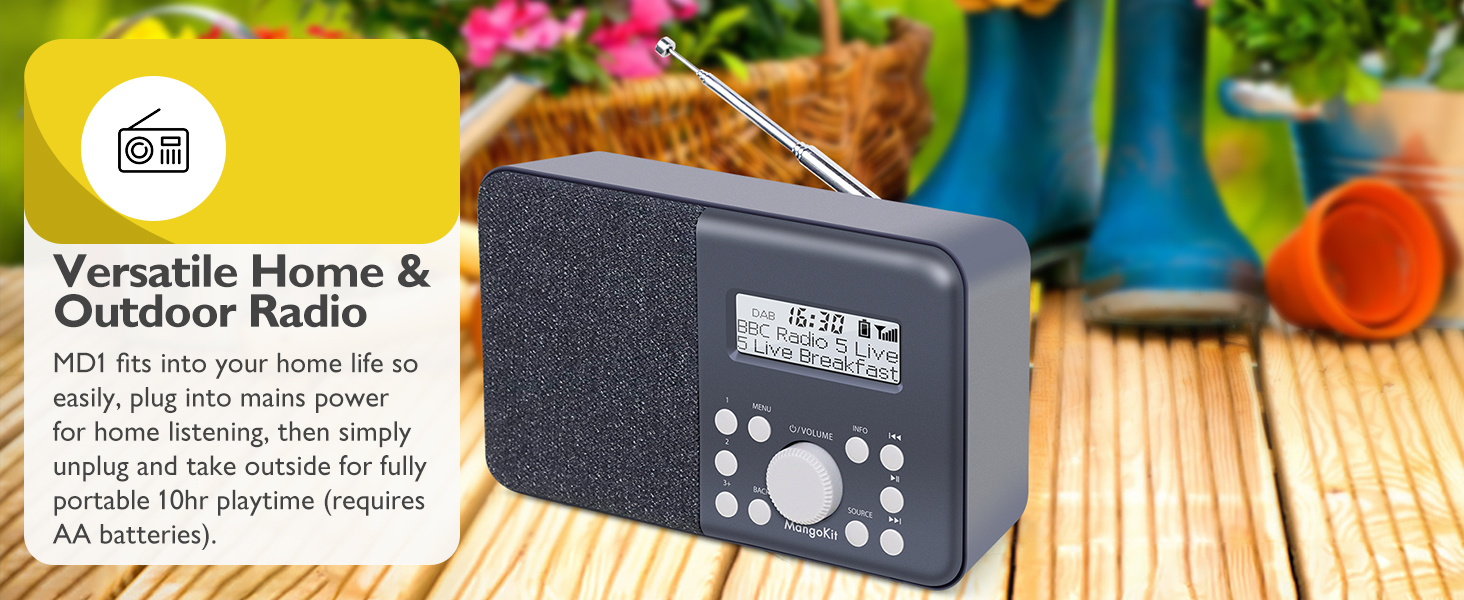 Портативне радіо MD3 DAB/DAB+/FM з Bluetooth, динамік, навушники, 40 станцій, годинник, будильник, таймер, кольоровий дисплей, акумулятор/мережа (Чорний/Сірий)