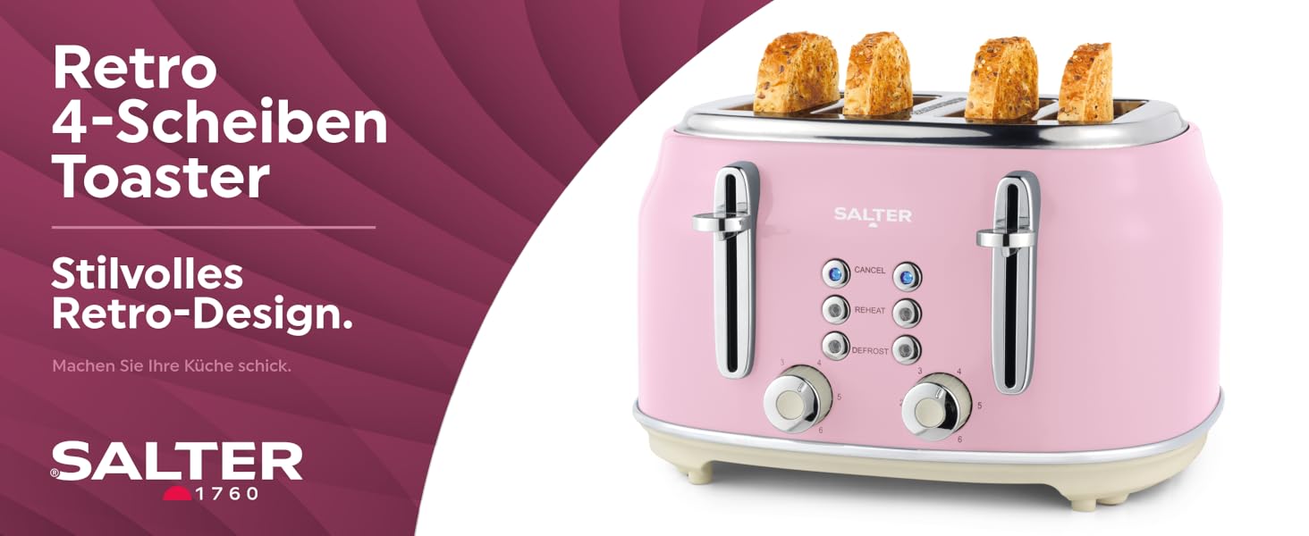 Тостер Salter Retro 4-х секційний, 1,7 л, 3 кВт, рожевий, з фільтром від накипу, бездротовий, з індикатором рівня води та процесу приготування
