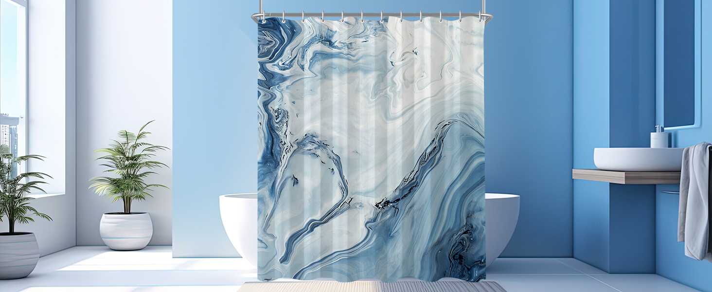 Штора для душу 180x200 см з утяжеленим краєм, антигрибкова, водовідштовхувальна, поліестер, з кільцями (Блакитний градієнт мармуру)