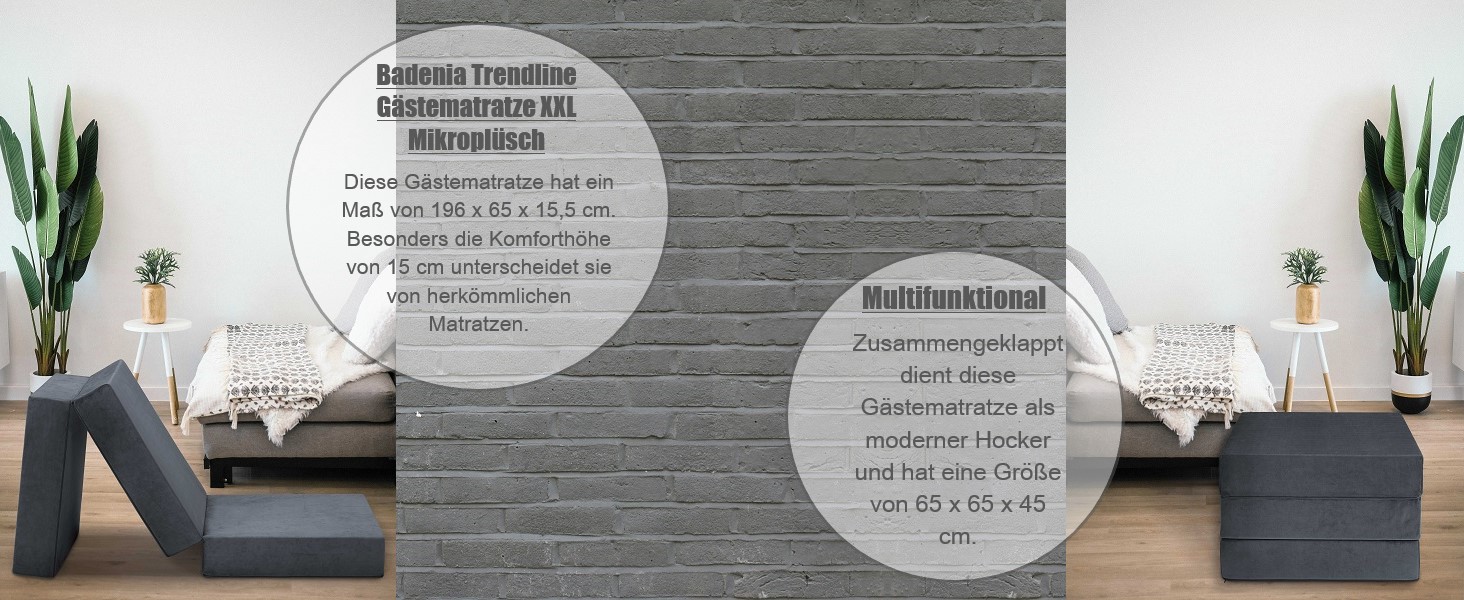 Складаний гостьовий матрац Badenia Trendline XXL, поліестер, 196x65x15,5 см, висота 15 см, плюш, сертифікат Öko-Tex, антрацит, виготовлений за німецьким стандартом якості