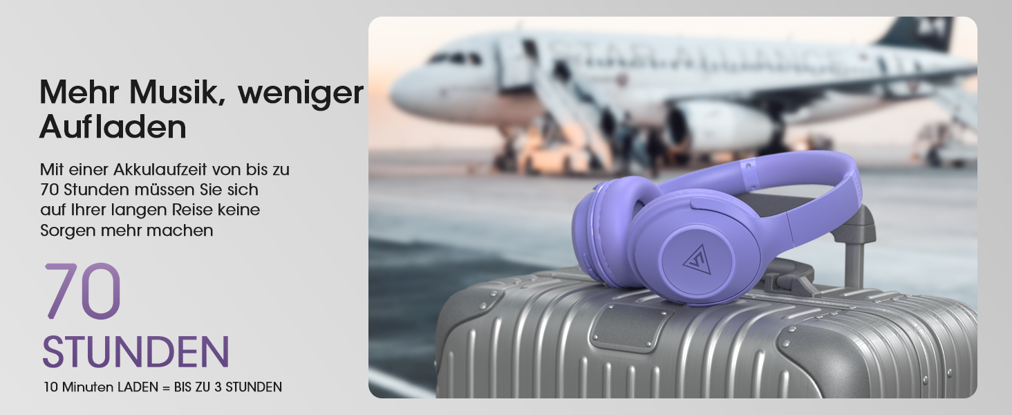 Бездротові навушники DOQAUS Bluetooth з довгим терміном служби (70 годин), Over-Ear, Bluetooth 5.4, з кабелем, 3 режими EQ, Hi-Fi стерео для подорожей/телефону/ПК (фіолетові)