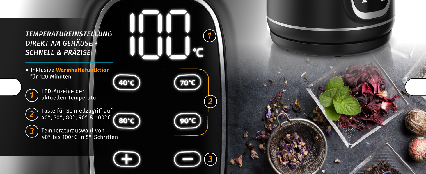 Електричний чайник Arendo зі скляною колбою, регулюванням температури, нержавіючою сталлю, подвійними стінками (Cool Touch), дисплеєм, бездротовим підключенням, 2200 Вт, 1,7 л, захистом від перегріву, функцією підтримання тепла, чорний