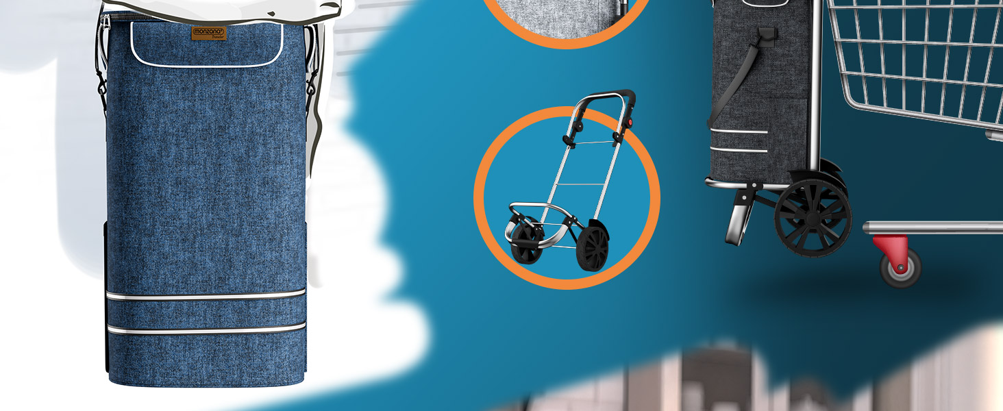 MONZANA® Тріо-тележка для покупок 56л, до 50 кг, складана, знімний мішок, ручний вагончик, допомога у покупках, чорна