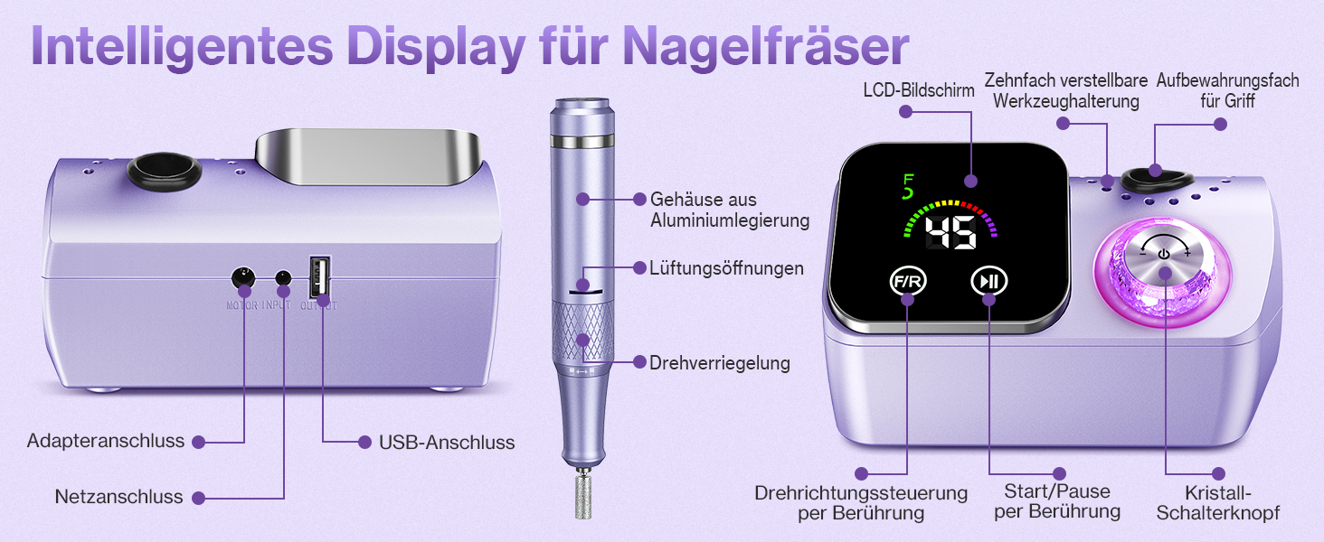 Електрична шліфувальна машинка для нігтів (нагельфрайзер) з LCD-дисплеєм, 45000 об/хв, професійний набір для манікюру та педикюру з мультифункціональною базою та сенсорним керуванням, фіолетовий