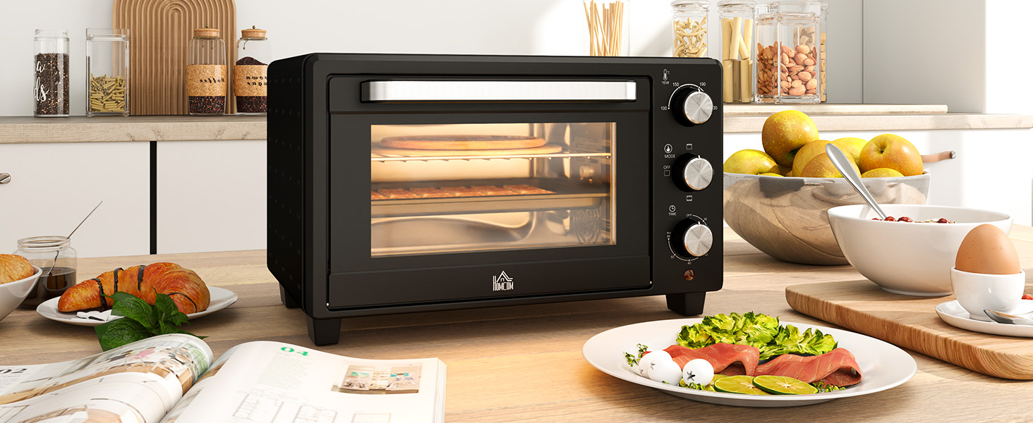 Міні-піч HOMCOM 21 л, 1400 Вт, 100-230°C, таймер, противень, решітка-гриль, вікно, піч для піци, кремово-білий (чорний)