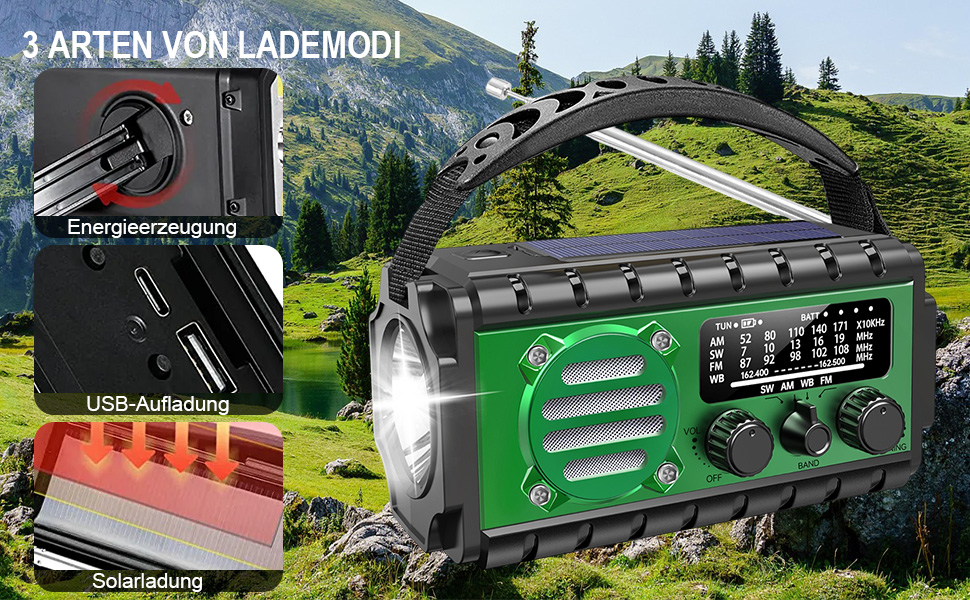 Радіо Winnes для надзвичайних ситуацій з живленням 20000 mAh, AM/FM, ліхтарик, SOS-сигнал, сонячна зарядка, ручна зарядка, для смартфонів (зелене)