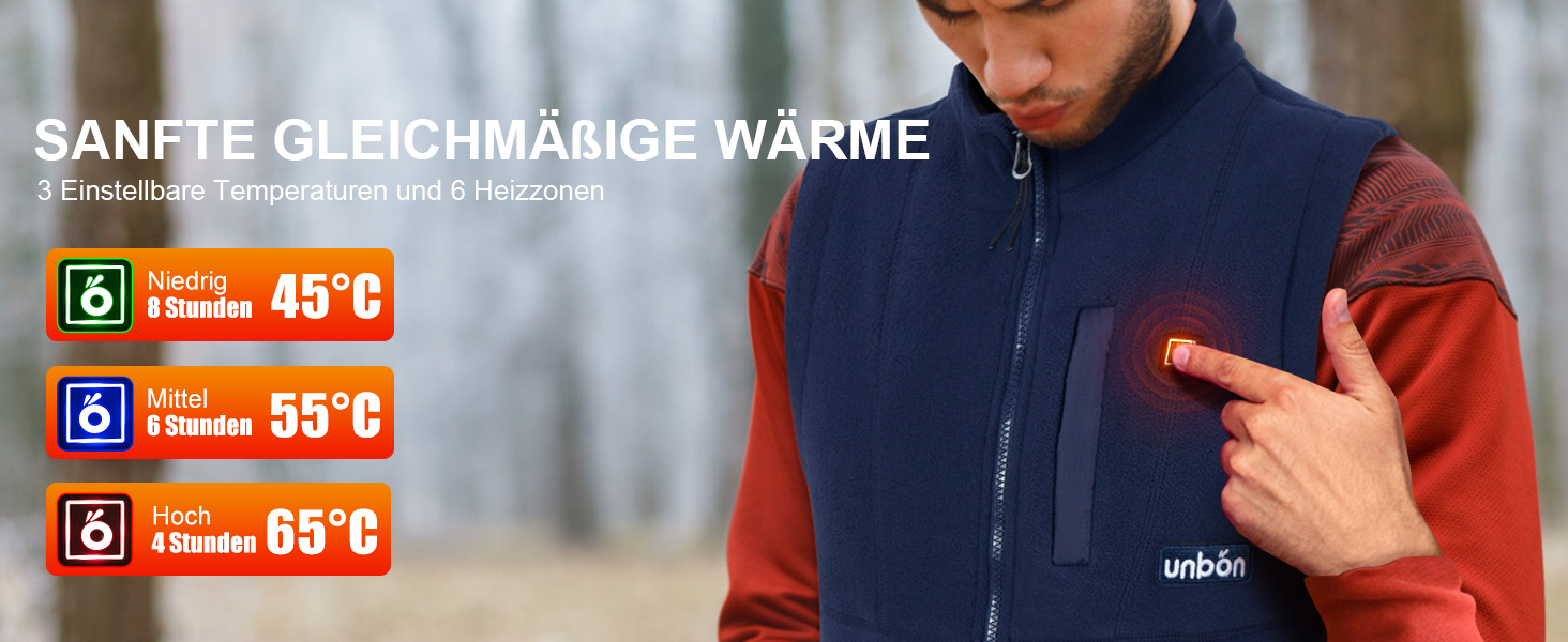 UNBON Гріюча жилетка з флісу, чоловіча жилетка з підігрівом, жилетка з Powerbank 10000mAh USB, 3 режими нагріву, 6 зон нагріву (XXL, Синій)