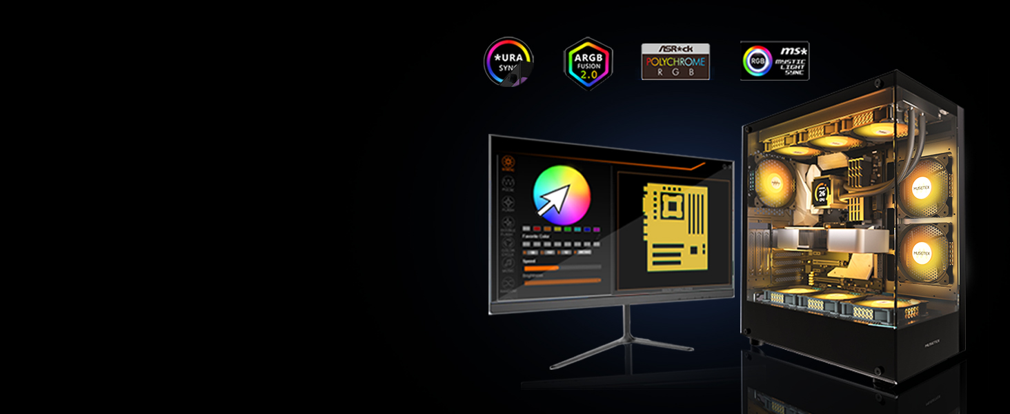 Корпус ПК MUSETEX K2: ATX Mid Tower з 7 PWM ARGB-вентиляторами, подвійне панорамне скло, Type-C, чорний (42.1 x 23 x 47 см)