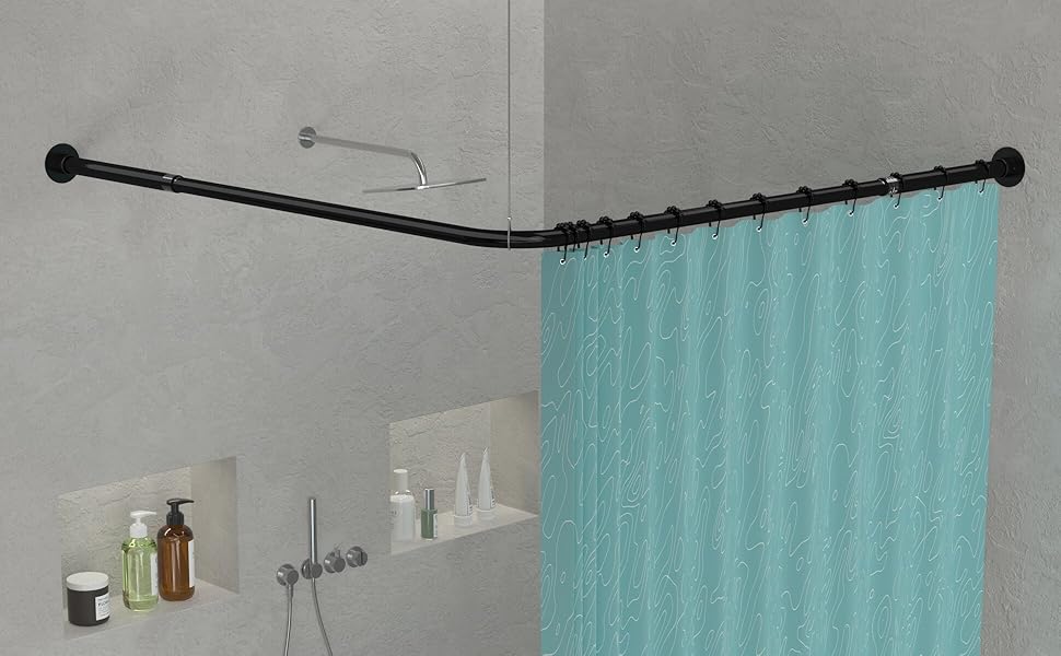 Штанга для душу L-подібної форми, розсувна, 62–94 x 141–174 см, з 16 кільцями, для ванни/душу, чорний нержавіючий сталь