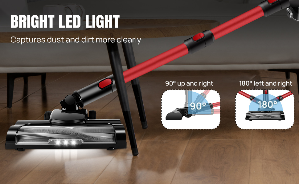 Бездротовий акумуляторний пилосос з антизаплутувальною насадкою, фільтрація 99,999%, для автомобіля та будь-яких поверхонь (червоний, незнімний акумулятор)