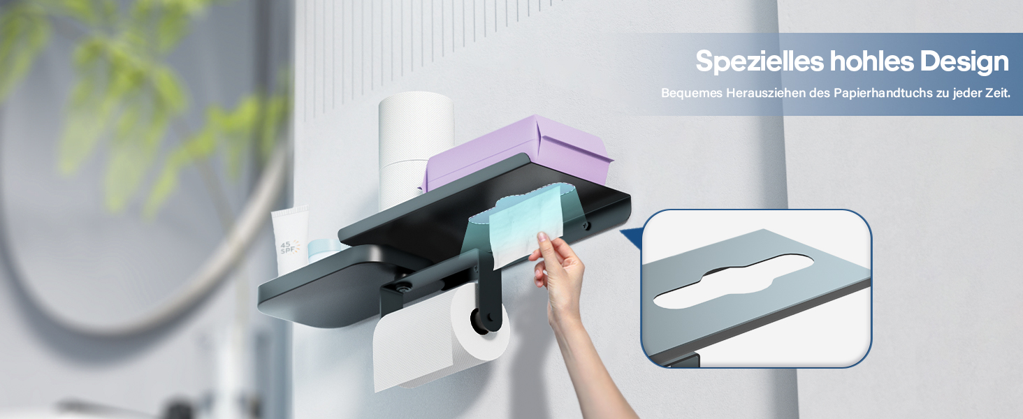 Настінний тримач для туалетного паперу з полицею, багатофункціональний, обертовий, з нержавіючої сталі, чорний мат. Підходить для ванної кімнати, кухні та пральні.