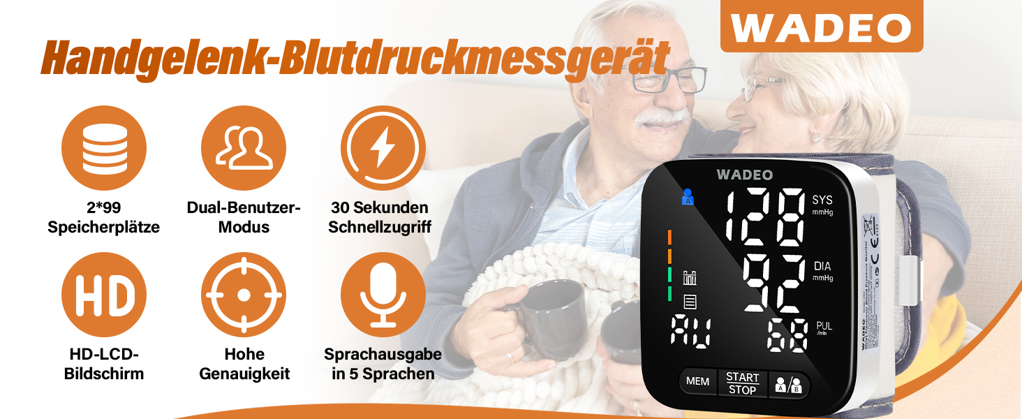 Цифровий тонометр WADEO на зап'ясті, оголошення 5 мовами, виявлення аритмії, портативний тонометр для дому та в дорогу, 2 x 99 пам'ять, з батарейками та коробкою для зберігання, білий