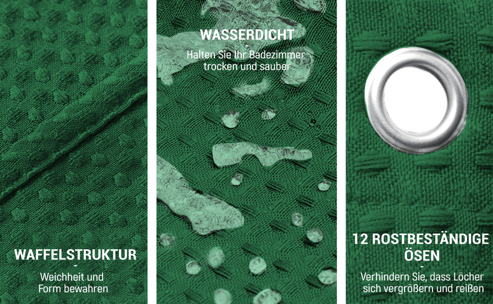 Шторка для душу BTTN, вафельна тканина, 180x200 см, антигрибкова, важка, водонепроникна, з 12 гачками, зелена