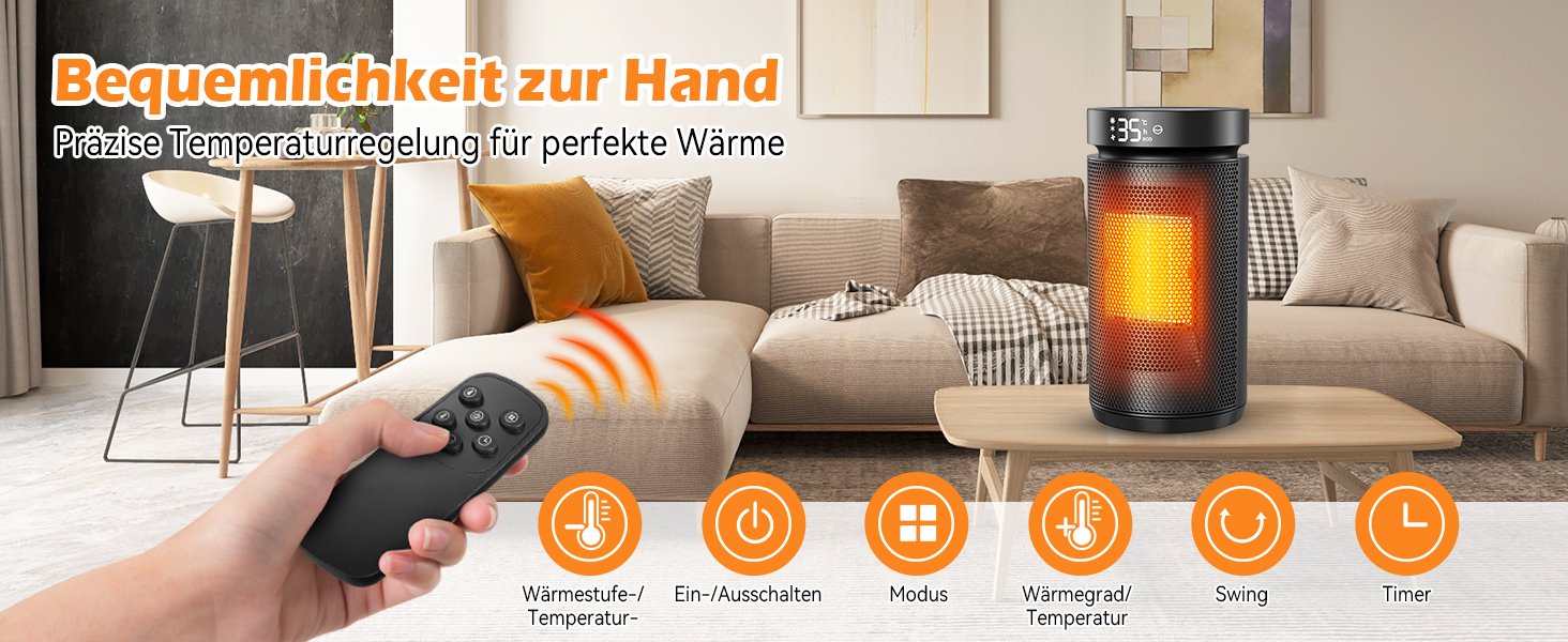 Електричний обігрівач PTC керамічний 2200W з пультом дистанційного керування, 4 режими, таймер 12H, термостат, ECO-режим, осциляція 70°, захист від перегріву та перекидання, для дому та офісу (чорний, 27см)
