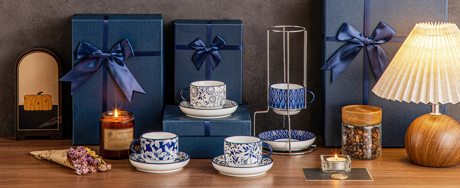 Набір чашок для еспресо Vancasso Selene, 4 шт. - порцелянові чашки з блюдцем та підставкою для капучино, лате, чаю (9.6 x 5.6 см)