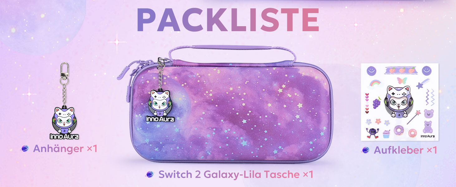Чохол для Nintendo Switch 2 innoAura Switch 2 Tasche, фіолетовий (Galaxy Lila Violett), водовідштовхувальний, з амортизацією, відділенням для AirTag та великою сітчастою кишенею