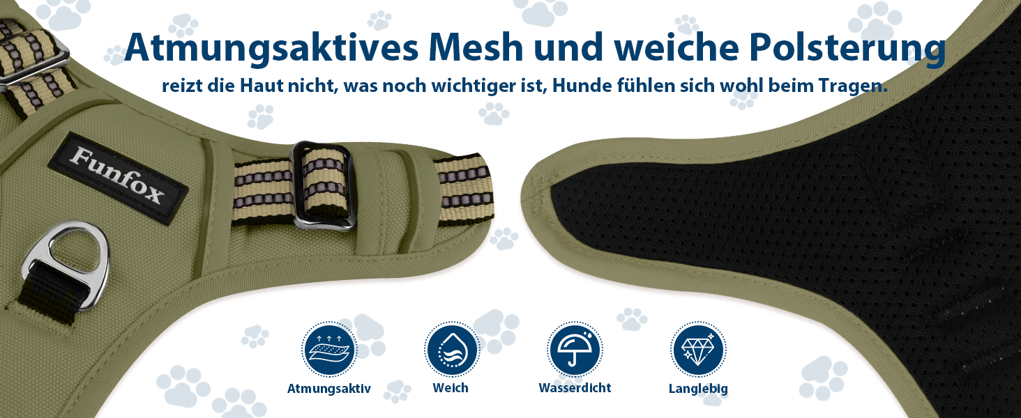 Шлейка для собак середніх порід Funfox, анти-тяга, з ручкою та світловідбиваючими смугами, без коміра, військовий зелений (M)