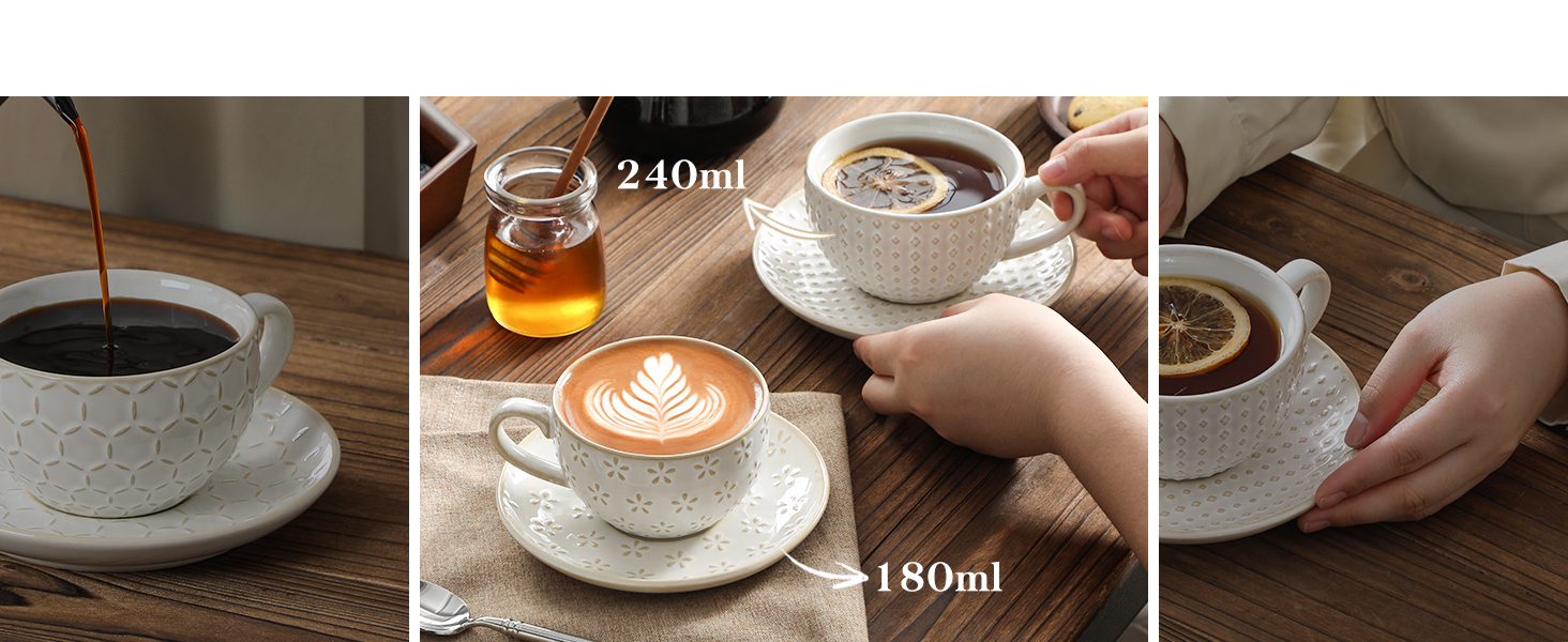 Набір кавових чашок MALACASA з блюдцем, 8 шт., для 4 особи, з рельєфом, 180 мл, кераміка, бежевий