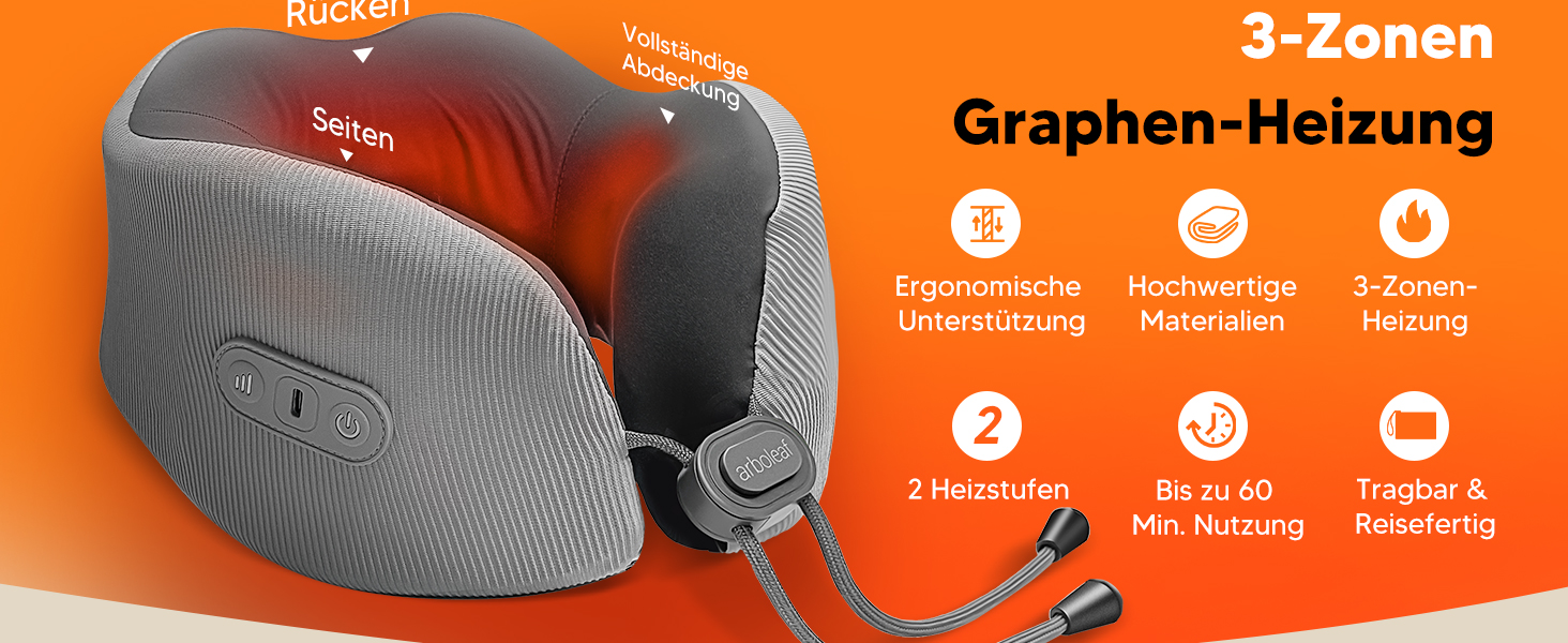 Подушка для шиї Arboleaf з підігрівом для подорожей: Memory Foam, USB-C зарядка, ергономіка 360°, проти болю в шиї, сіра
