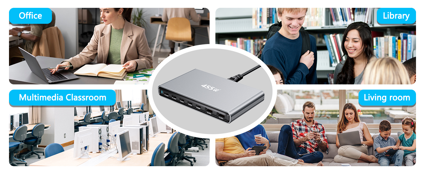 Зарядний пристрій USB-C 455W, 7 портів, GaN PD PPS, для MacBook, Dell, iPhone, Samsung, ноутбуків, планшетів, телефонів – Сірий