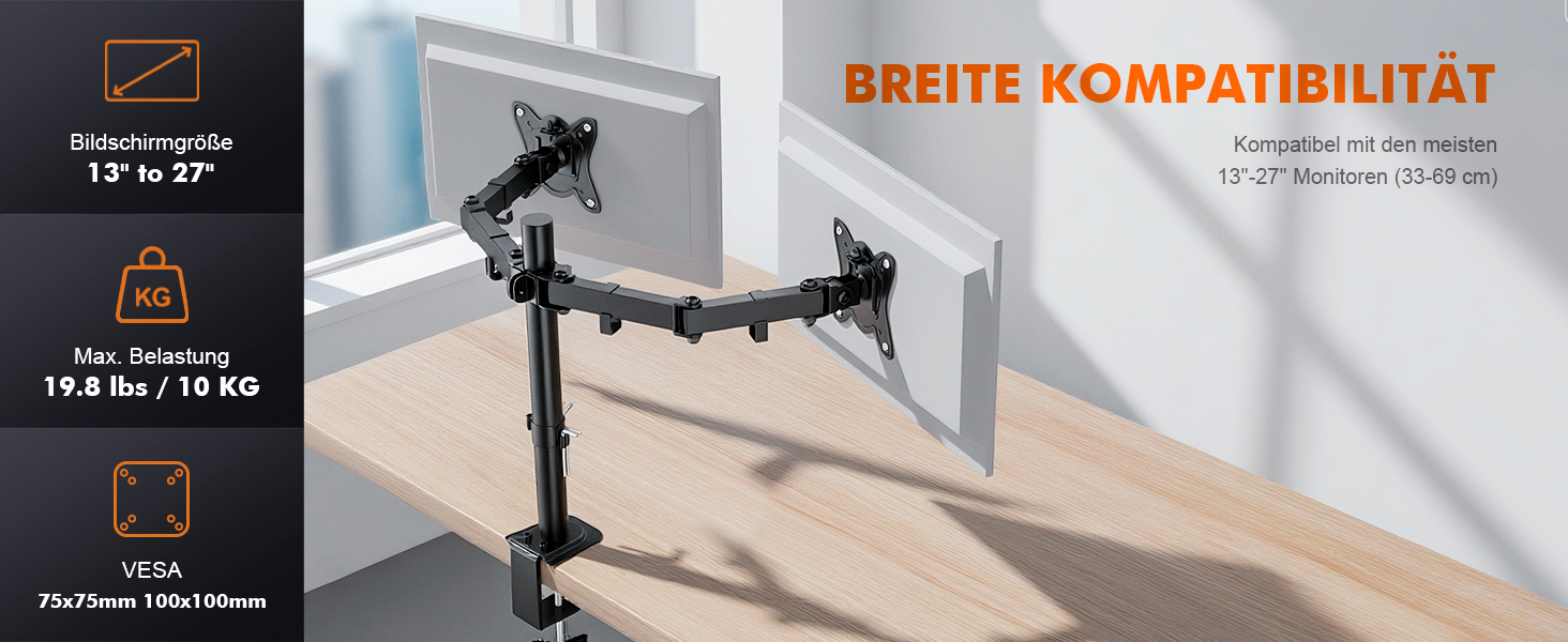 Кріплення для монітора GRIFEMA на 2 монітори, 13-27 дюймів, регульоване, поворотне, нахильне, VESA 75/100mm, GB2001A-2