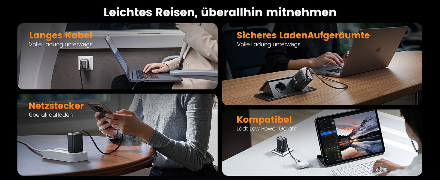 Зарядний пристрій USB-C toocki GaN 67W з LED дисплеєм та вбудованим кабелем для MacBook, iPhone 17 Pro Max, Samsung Galaxy S24 Ultra/S23, Nintendo Switch, ноутбуків та смартфонів - Чорний