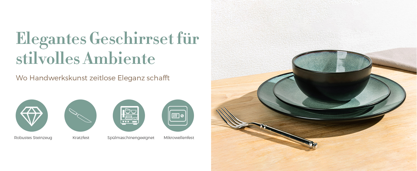Набір посуду GBhome з каменю, 18 предметів, ручна робота, для 6 осіб, мікрохвильова та посудомийна машини, набір тарілок та мисок, Petrol