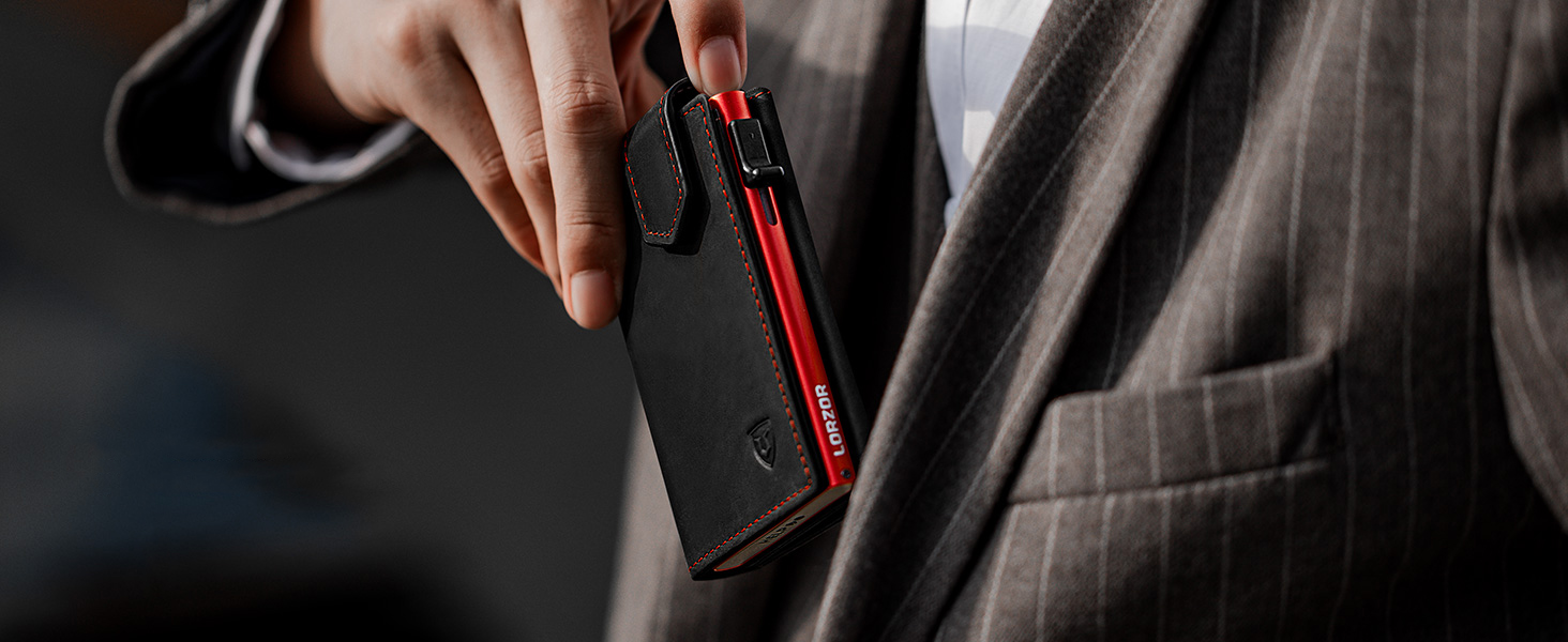 Чоловіче картхолдер LORZOR з магнітною застібкою, slim-гаманець з відділенням для монет, RFID захистом, вміщує 10 карт, smart-гаманець, червоний