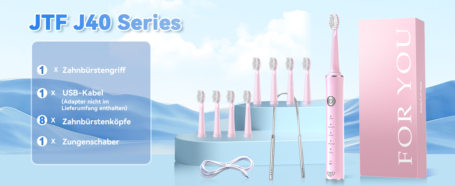 Електрична звукова зубна щітка JTF для дорослих, рожева – 5 режимів, 45 днів роботи, 8 насадок, IPX7, таймер, для подорожей. Преміум набір для сім'ї + скребок для язика