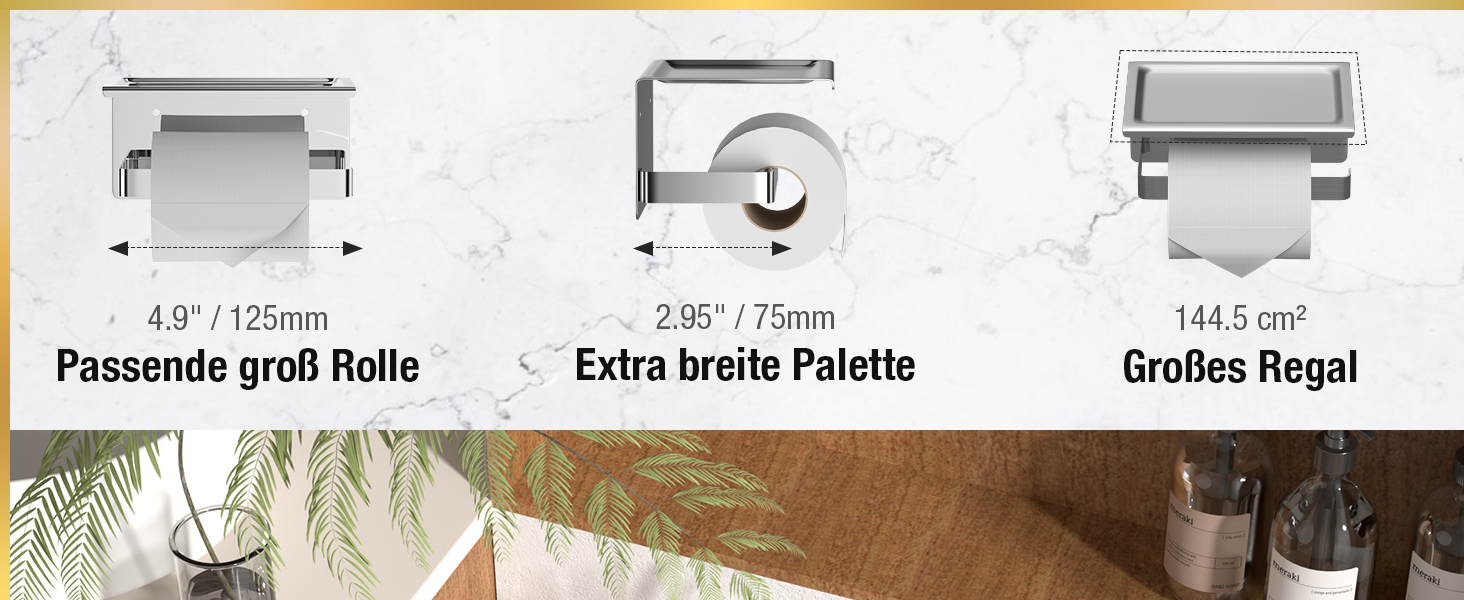 Тримач туалетного паперу HITSLAM без свердління, нержавіюча сталь з полицею, самоклеючий, для ванної кімнати