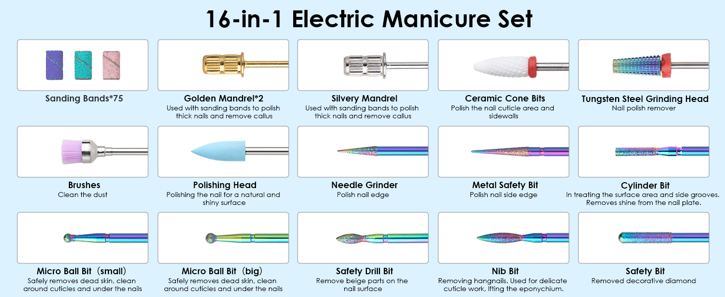 Електричний фрезер для нігтів з LCD дисплеєм, 40000 об/хв, 15 насадок, для манікюру та педикюру, F/R напрямок обертання, для салону та дому (білий)