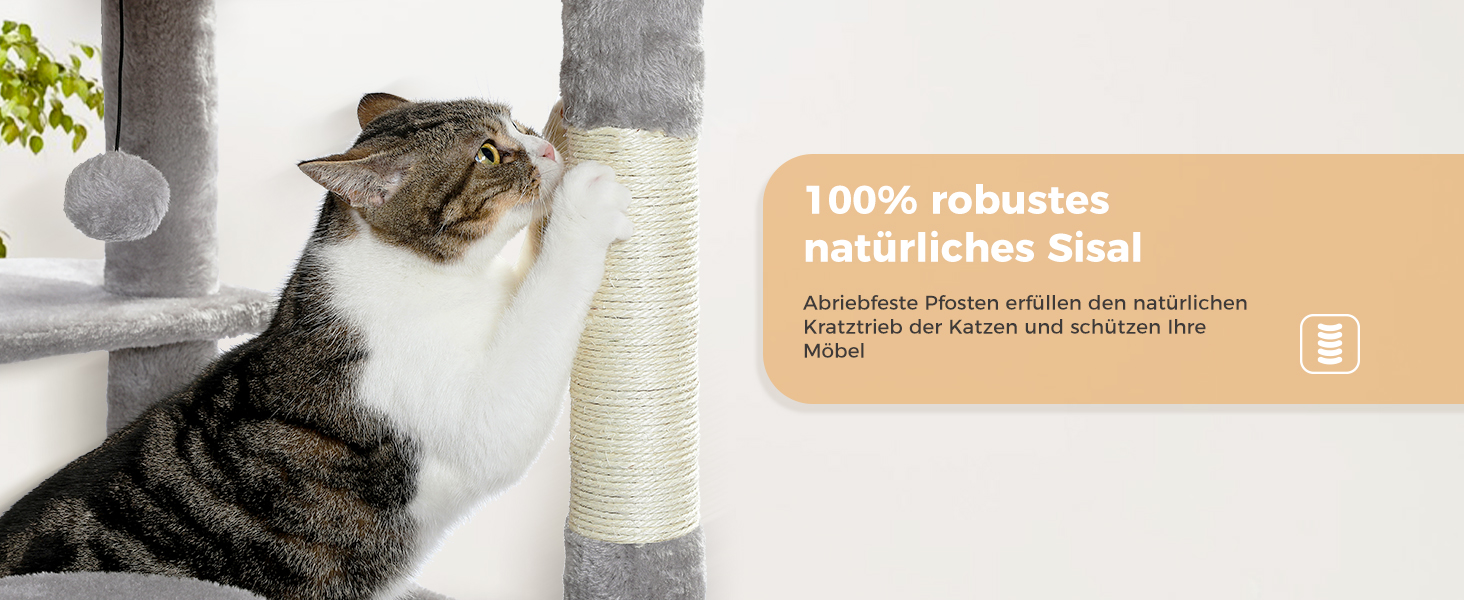 Котячий комплекс PAWZ Road для великих котів, 184 см, сірий. Двоповерховий, з сизалевою оббивкою, 2 стійки, будиночок та кошик для дому.