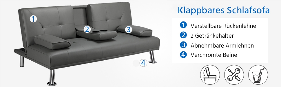 Yaheetech 3-Seater Convertible Sofa Bed with Cup Holders and Reclining Backrest