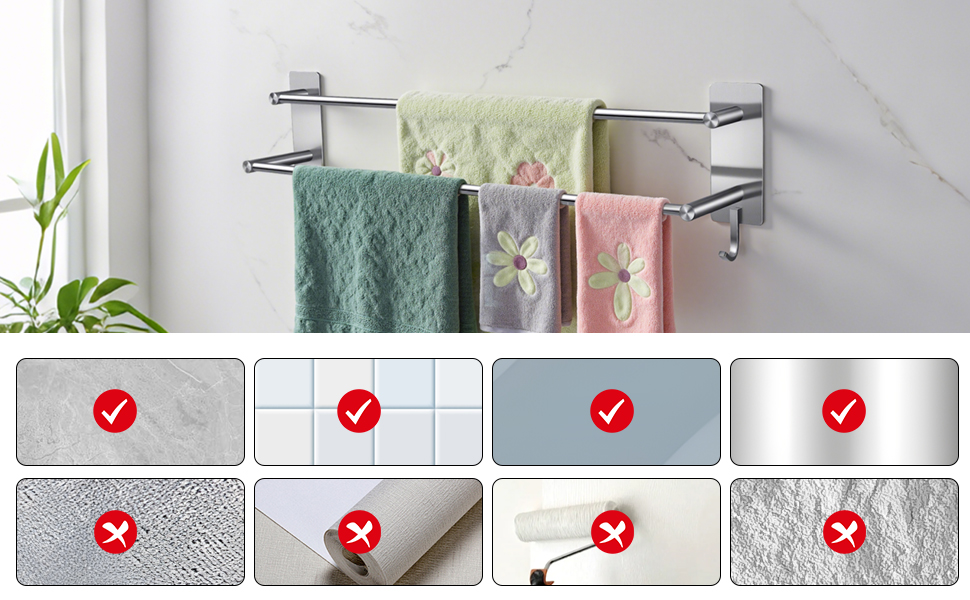Тримач для рушників без свердління, 60 см, самоклеючий, з гачками, нержавіюча сталь, вологостійкий, для ванної кімнати та кухні, срібляний