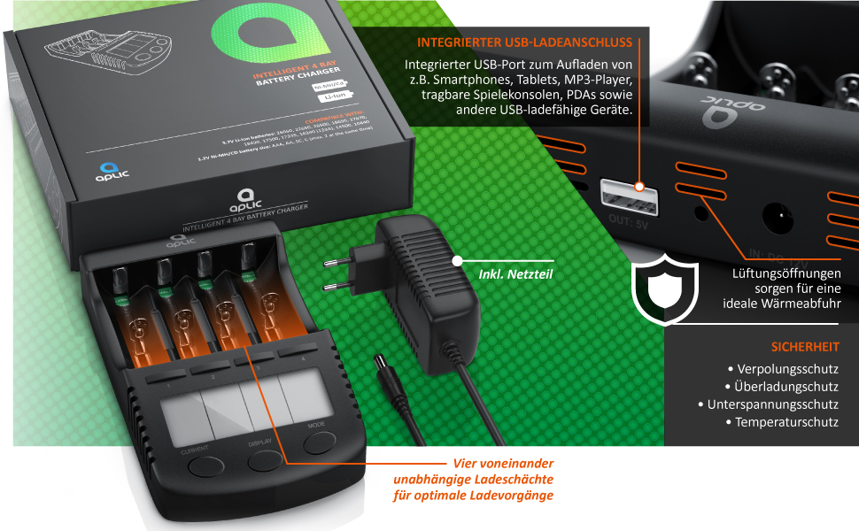 Зарядний пристрій CSL для акумуляторів AA, AAA, 18650 з LCD-дисплеєм та USB-портом