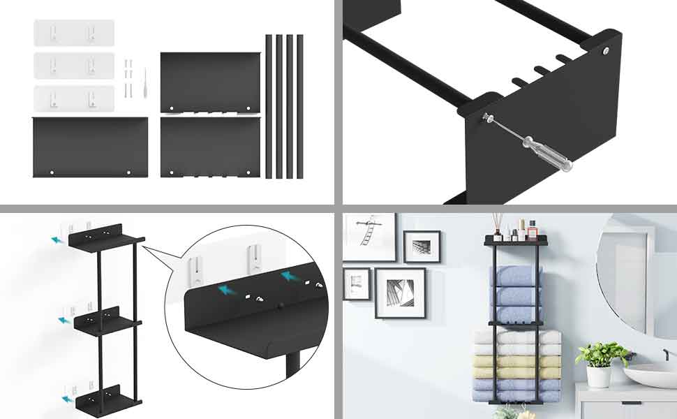 Тримач для рушників без свердління, чорний, з 6 гачками та полицею для ванної кімнати та кухні